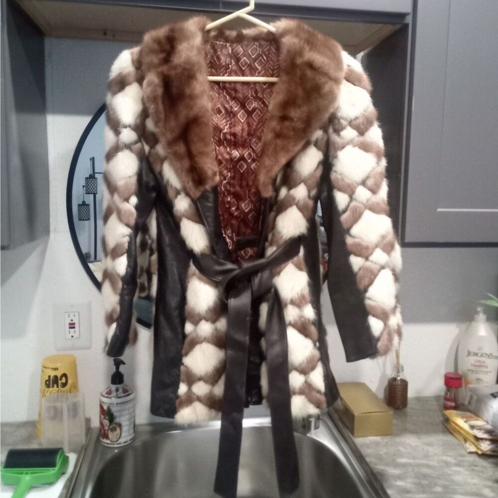 VTG 70s Mink & Leather Patchwork Coat Geometric Mod Mosaic Belted